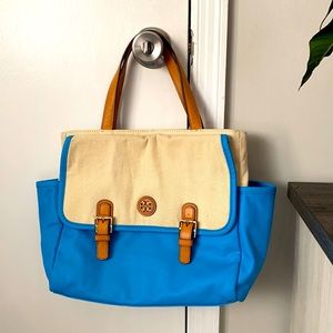 Authentic Tory Burch Mini Beach Tote - Blue/Tan